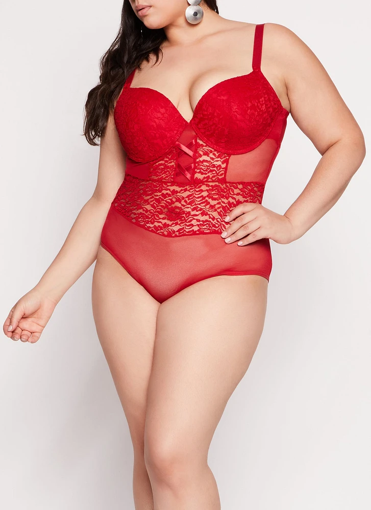 Womens Plus Size Mesh Lace Bustier Bodysuit, Red, Size 1X