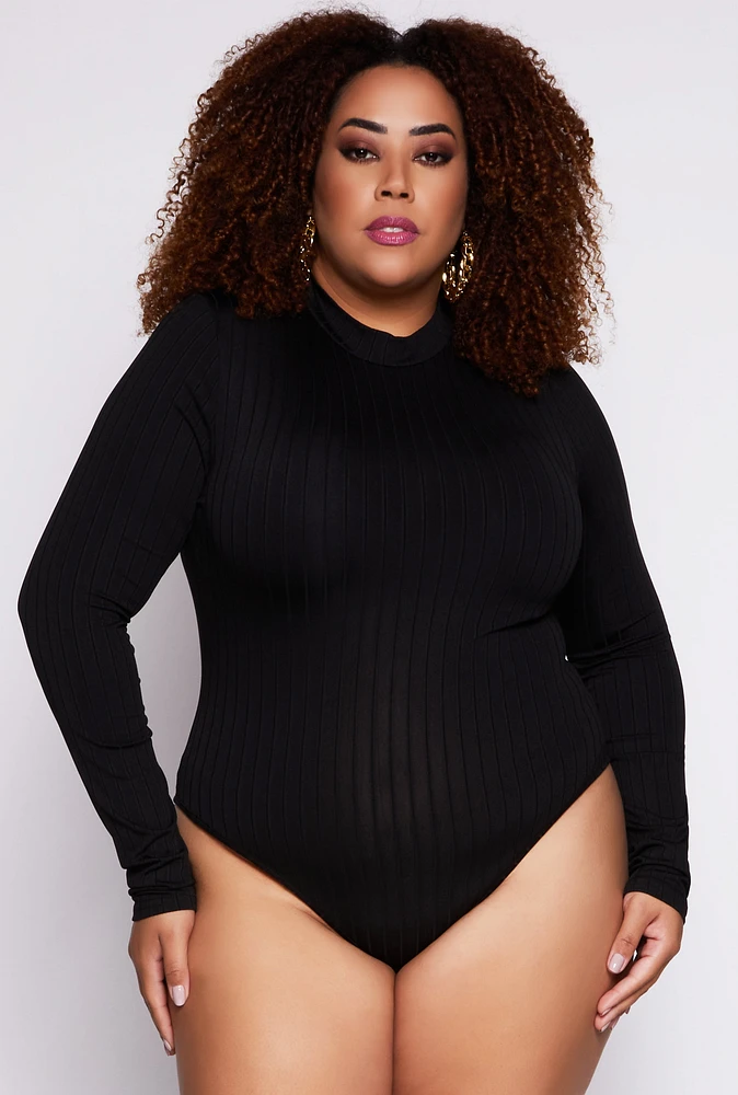 Womens Plus Size Daisy Long Sleeve Mock Neck Bodysuit, Black, Size 1X