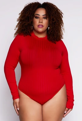 Womens Plus Size Daisy Long Sleeve Mock Neck Bodysuit, Red, Size 1X