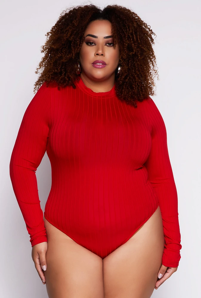 Womens Plus Size Daisy Long Sleeve Mock Neck Bodysuit, Red, Size 2X