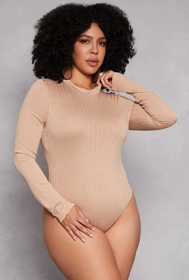 Womens Plus Size Daisy Long Sleeve Mock Neck Bodysuit, Beige, Size 1X