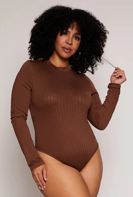Womens Plus Size Daisy Long Sleeve Mock Neck Bodysuit, Brown, Size 3X