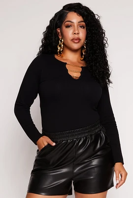 Womens Plus Size Seamless Chain Notch Neck Long Sleeve Top, Black, Size 1X-2X