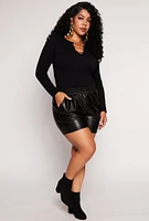Womens Plus Size Seamless Chain Notch Neck Long Sleeve Top, Black, Size 1X-2X