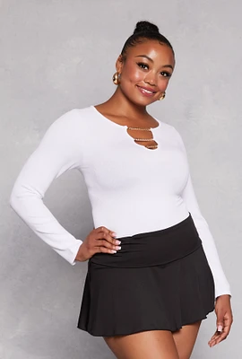 Womens Plus Size Seamless Chain Notch Neck Long Sleeve Top, White, Size 2X-3X