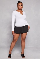 Womens Plus Size Seamless Chain Notch Neck Long Sleeve Top, White, Size 2X-3X