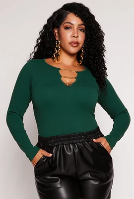 Womens Plus Size Seamless Chain Notch Neck Long Sleeve Top, Green, Size 1X-2X