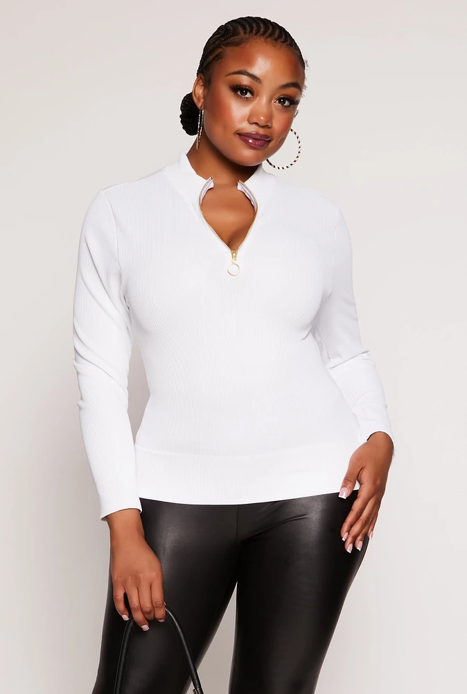 Womens Plus Size Seamless Ribbed Zip Neck Long Sleeve Top, White, Size 2X-3X