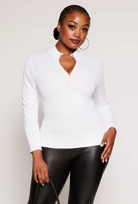 Womens Plus Size Seamless Ribbed Zip Neck Long Sleeve Top, White, Size 2X-3X