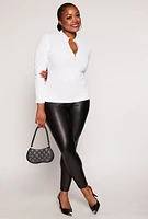 Womens Plus Size Seamless Ribbed Zip Neck Long Sleeve Top, White, Size 2X-3X