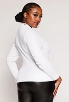 Womens Plus Size Seamless Ribbed Zip Neck Long Sleeve Top, White, Size 2X-3X