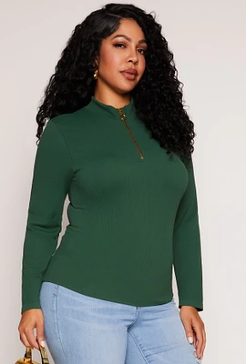 Womens Plus Size Seamless Ribbed Zip Neck Long Sleeve Top, Green, Size 1X-2X