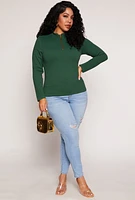 Womens Plus Size Seamless Ribbed Zip Neck Long Sleeve Top, Green, Size 1X-2X