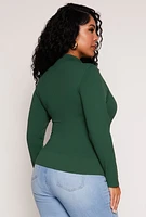 Womens Plus Size Seamless Ribbed Zip Neck Long Sleeve Top, Green, Size 1X-2X