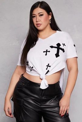 Womens Plus Size Cross Print Tee, White, Size 1X