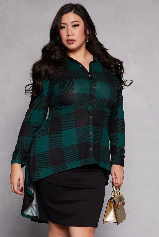 Womens Plus Buffalo Plaid High Low Shirt,