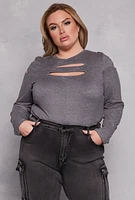 Womens Plus Size Cut Out Detail Long Sleeve Top, Grey, Size 3X