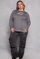 Womens Plus Size Cut Out Detail Long Sleeve Top, Grey, Size 3X
