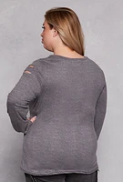 Womens Plus Size Cut Out Detail Long Sleeve Top, Grey, Size 3X