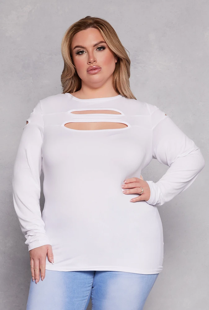 Womens Plus Size Cut Out Detail Long Sleeve Top, White, Size 1X