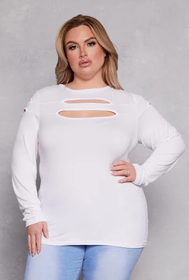 Womens Plus Size Cut Out Detail Long Sleeve Top, White, Size 1X