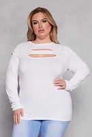 Womens Plus Size Cut Out Detail Long Sleeve Top, White, Size 1X