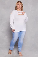 Womens Plus Size Cut Out Detail Long Sleeve Top, White, Size 1X