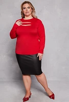 Womens Plus Cut Out Detail Long Sleeve Top, 3X