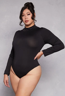 Womens Plus Size Mock Neck Long Sleeve Bodysuit, Black, Size 3X