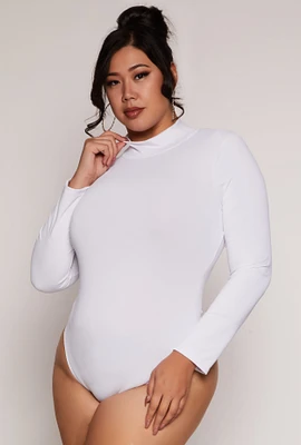 Womens Plus Size Mock Neck Long Sleeve Bodysuit, White, Size 1X