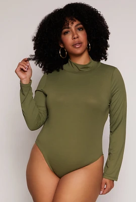 Womens Plus Size Mock Neck Long Sleeve Bodysuit, Green, Size 1X