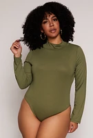 Womens Plus Size Mock Neck Long Sleeve Bodysuit, Green, Size 1X