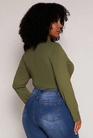Womens Plus Size Mock Neck Long Sleeve Bodysuit, Green, Size 1X
