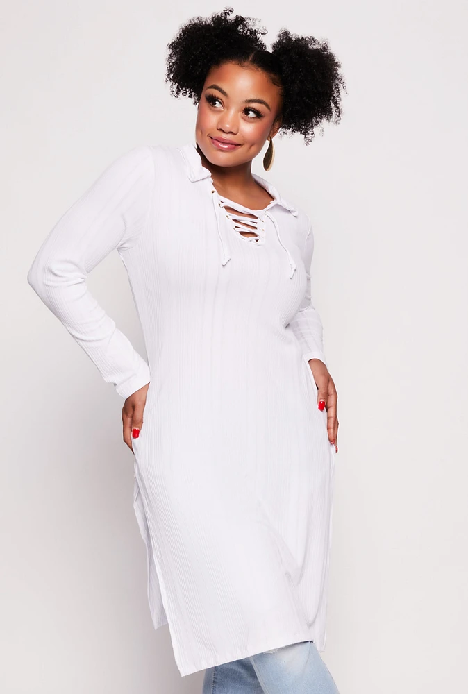 Womens Plus Size Ribbed Knit Lace Up Collar Maxi Top, White, Size 2X