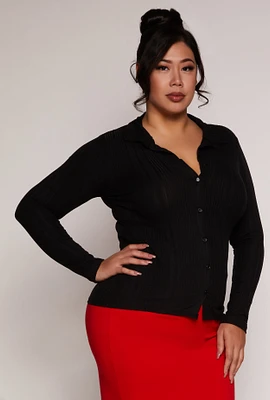 Womens Plus Size Ribbed Knit Button Front Top, Black, Size 3X