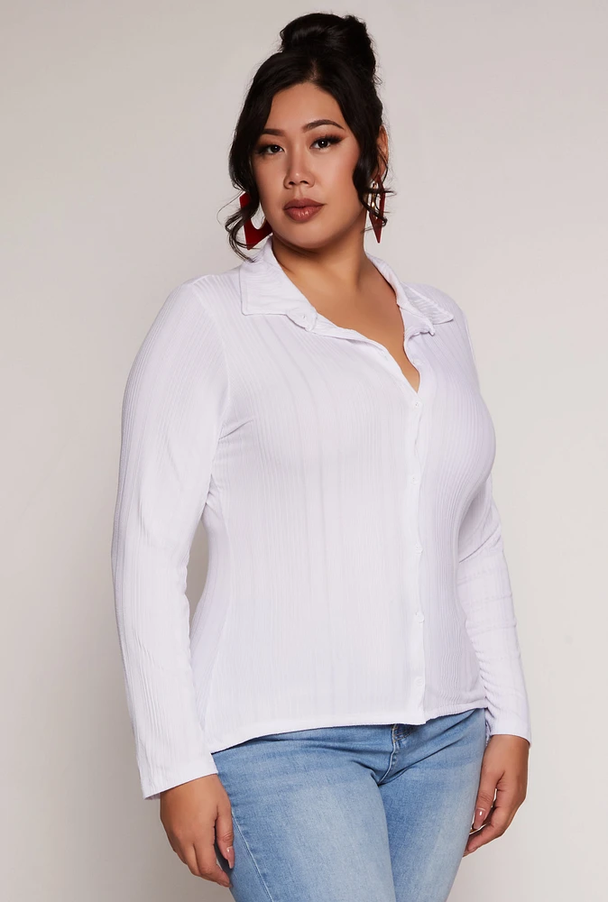 Womens Plus Size Ribbed Knit Button Front Top, White, Size 2X