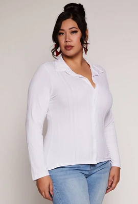 Womens Plus Size Ribbed Knit Button Front Top, White, Size 2X