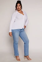 Womens Plus Size Ribbed Knit Button Front Top, White, Size 2X
