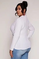 Womens Plus Size Ribbed Knit Button Front Top, White, Size 2X