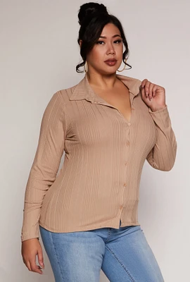 Womens Plus Size Ribbed Knit Button Front Top, Beige, Size 4X