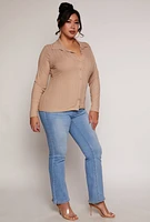Womens Plus Size Ribbed Knit Button Front Top, Beige, Size 4X