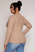 Womens Plus Size Ribbed Knit Button Front Top, Beige, Size 4X