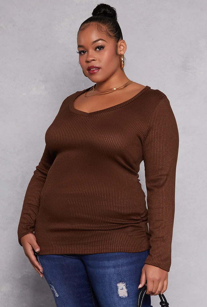 Womens Plus Size Rib Knit Ruched Side V Neck Top, Brown, Size 4X