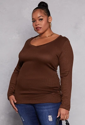 Womens Plus Rib Knit Ruched Side V Neck Top,