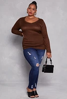 Womens Plus Size Rib Knit Ruched Side V Neck Top, Brown, Size 4X