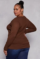 Womens Plus Size Rib Knit Ruched Side V Neck Top, Brown, Size 4X