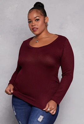 Womens Plus Rib Knit Ruched Side V Neck Top,