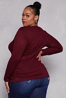 Womens Plus Size Rib Knit Ruched Side V Neck Top, Burgundy, Size 4X