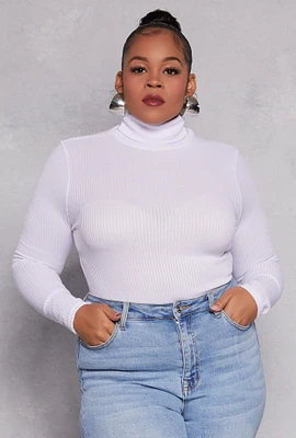 Womens Plus Size Rib Knit Turtleneck Top, White, Size 4X