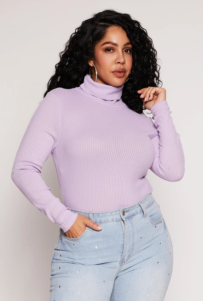 Womens Plus Size Rib Knit Turtleneck Top, Purple, Size 2X